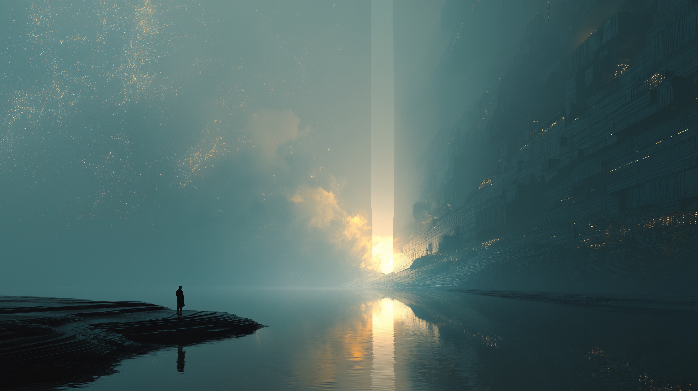 A lone figure stands on a shore facing a towering pillar of light rising through the mist — a visual allegory for an individual standing before a monumental standard.